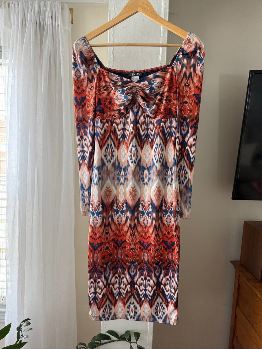 Y2K Bodycon Dress Size S Multicolor Ikat Print Twist Front